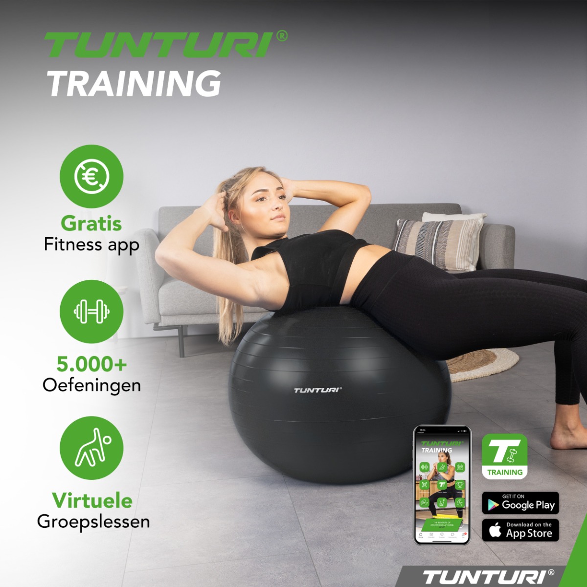 Tunturi Anti Burst Fitness bal met Pomp | Yoga bal 55 t/m 90 cm | 220 kg gebruikersgewicht | Incl Trainingsapp | Petrol