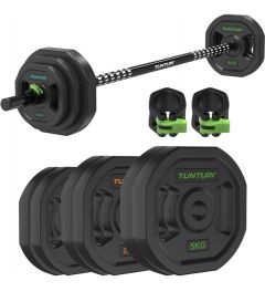 Tunturi Aerobic Pump Set Pro 20 kg - Halterset van rubber - TPU  - Incl. halterstang met 6 schijven - Barbell set - Incl. gratis fitnessapp